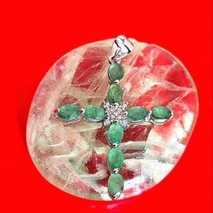 925 Sterling Silver Cross Pendant with Natural Emerald & Cz